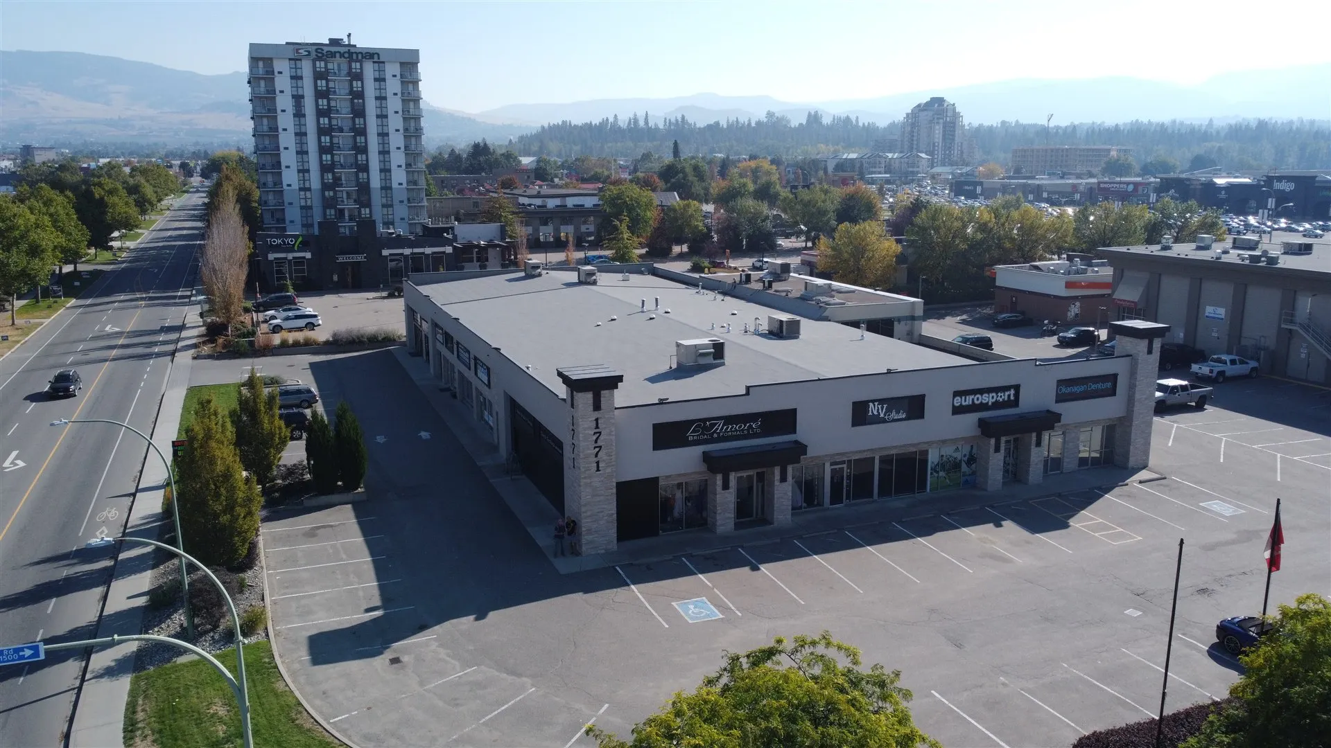 Aerial view of a Peitsch Property Group multi-tenant commercial property in Kelowna, BC
